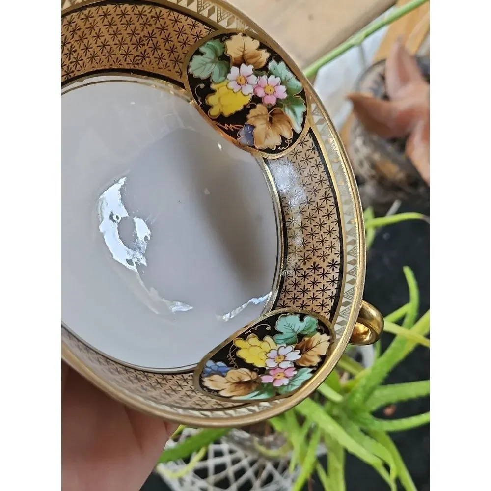 Hand Painted Nippon BLACK‎ GOLD Floral Footed ART DECO Berry Bowl Morimura